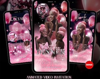 May include: Animated video invitation for a 25th birthday party with a pink and silver theme. The invitation features a photo of three women with pink hair and balloons. The text on the invitation says "Birthday Dinner" and "Katie Maria 25th Birthday".