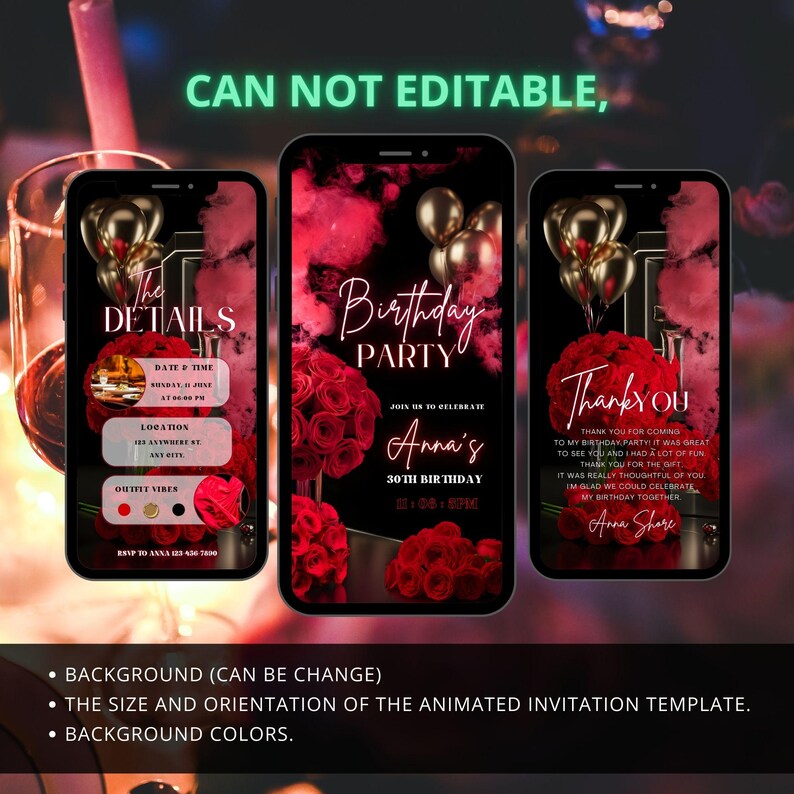 Red Rose Gold Birthday Video Invitation: Editable Dinner Party Template ...