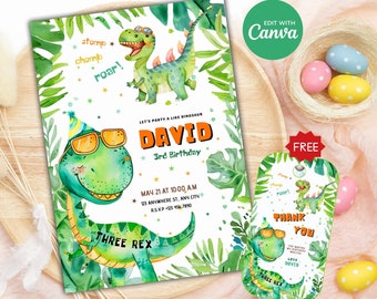 Edytowalne zaproszenie urodzinowe Three Rex: Dino Party (pobranie cyfrowe)