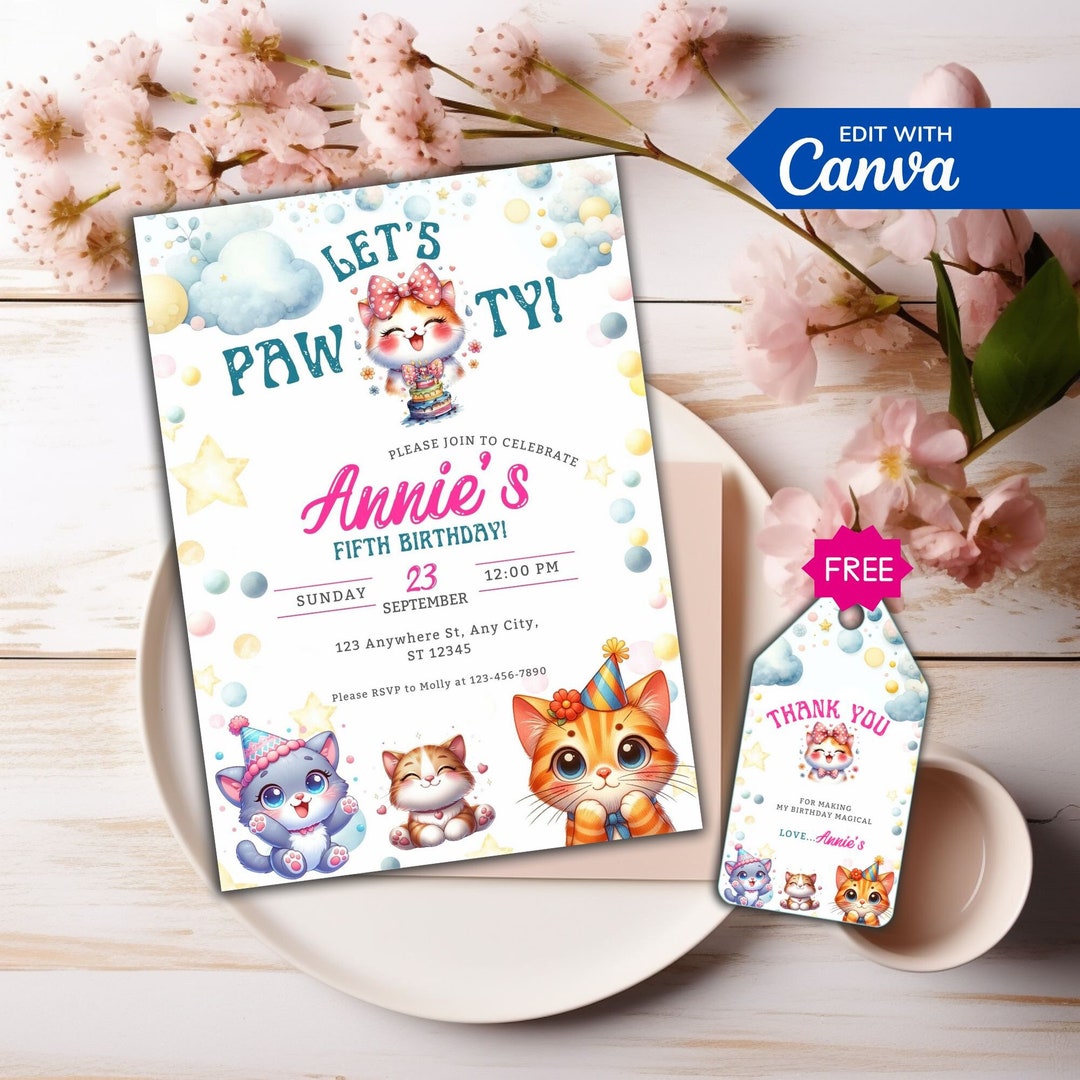 Cat Birthday Invitation, Cat Theme Birthday Invitation, Are You Kitten