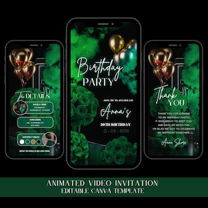 Digital birthday dinner invitation, Animated Emerald green Rose Gold Birthday video Invite, women birthday invited Party, Editable Template
