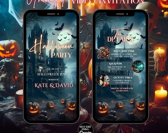 May include: A digital invitation for a Halloween party with a spooky castle and jack-o'-lantern imagery. The text reads "Halloween Party" and "Join us for a Halloween Party hosted by Kate & David". The details include the date, time, location, and dress code.