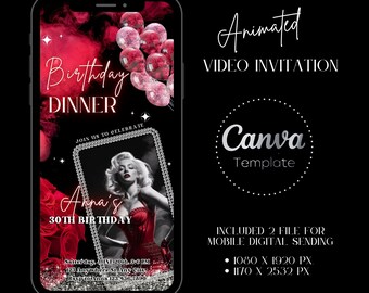 Invitación animada para cena de cumpleaños con rosas rojas: Plantilla de video elegante (descarga digital)