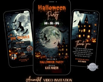 May include: A Halloween party invitation on a smartphone screen with a spooky haunted house, a witch flying on a broomstick, and a full moon in the background. The text reads "Halloween Party 10:31:24 Join us for a Halloween Party Hosted by Kate Martin Animated Video Invitation".