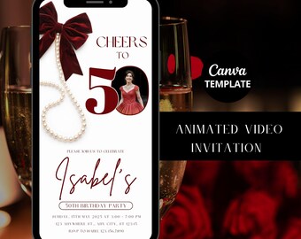 Red Bow 50th Birthday Invitation: Editable Video Template