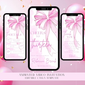 Pink Bow 13th Birthday Video Invitation: Animated Coquette (Digital Template)