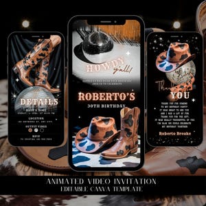 Puede incluir: Plantilla de invitación de video animada para una fiesta de cumpleaños número 30 con temática de vaquero. La plantilla presenta un fondo negro con estrellas, un sombrero de vaquero, botas y una bola de discoteca. El texto "Howdy y'all!" y "Roberto's 30th Birthday" se muestra en un esquema de color rosa y naranja.