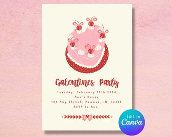 Invitation Coquette Galentines/Saint-Valentin | Coeur rose coquette avec cerises et noeuds | Modèle modifiable dans Canva