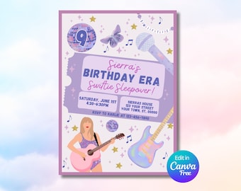 May include: Purple and pink birthday party invitation with a disco ball, a butterfly, a microphone, a guitar, and a girl holding a guitar. The text on the invitation says "Sierra's Birthday Era Swiftie Sleepover!" and includes the date, time, and RSVP information.