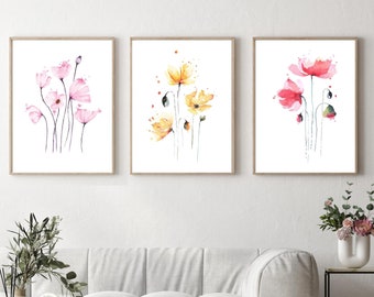 Watercolor Flower Art Prints, Set of 3, Botanical Wall Decor (Instant Download)