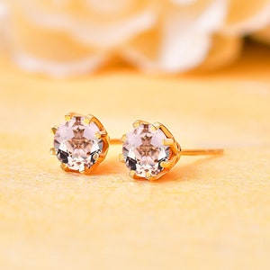 14K Gold Morganite Stud Earring, Elegant Round 6mm Morganite Earring, Handmade Designer Earring, Morganite Jewelry, Anniversary Gift For Her