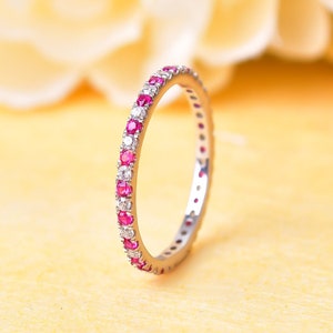 Ruby & Moissanite Full Eternity Band Ring, 14K Gold Wedding Band, Birthday Gift, Bridal Ring, Wedding Engagement Anniversary Gift For Her