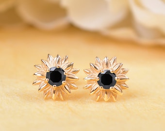 Unique Black Onyx Stud Earring, 14K Gold Flower Stud, Anniversary Gift For Her, Floral Handmade Earring, Round Black Onyx Gemstone Earring