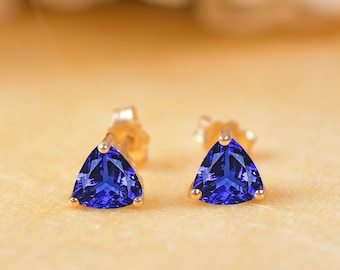 14K Gold Tanzanite Stud Earrings: Trillion Cut, Handmade Jewelry