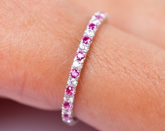 Pink Sapphire Moissanite Sterling Silver Half Eternity Band
