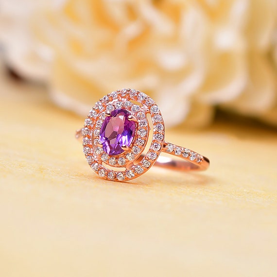 Amethyst Double Halo Ring: Oval Moissanite, Sterling Silver