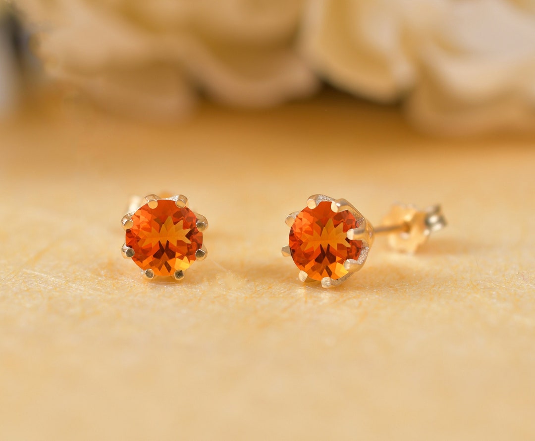 Unique Fire Opal Stud Earring, 14K Yellow Gold Earring Gift for Her