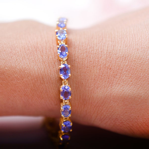 14K Gold Tanzanite Bracelet, Wedding Engagement Anniversary Gift For her, Tanzanite Tennis Bracelet For Women, Blue Tanzanite Jewelry Gifts