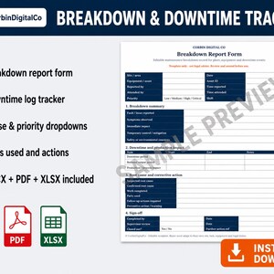 Könnte beinhalten: Ein weißes Breakdown Report Formular mit blauen Überschriften und Text, einschließlich Abschnitten für Ausrüstung, Ausfallzeiten und Korrekturmaßnahmen. Das Formular trägt die Bezeichnung "Breakdown & Downtime Tracker".