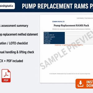 Könnte beinhalten: Ein Dokument mit dem Titel "Pump Replacement RAMS Pack" mit einem blau-weißen Logo. Das Dokument enthält editierbare Checklisten für Risikobewertung, Methodenbeschreibungen und Wartung. Orangefarbene Aufzählungspunkte heben wichtige Funktionen hervor.