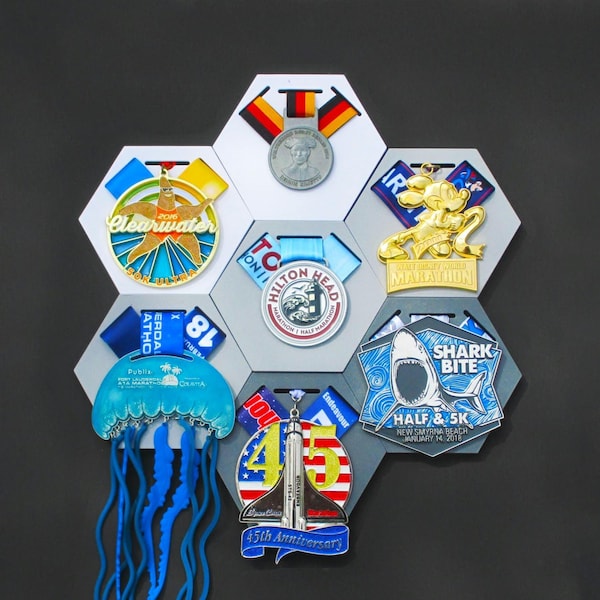 Hexagon Medal Holder Display (Buy 5 Get 1 Free). 5ks, Marathons, Athletic Competitions, and more!