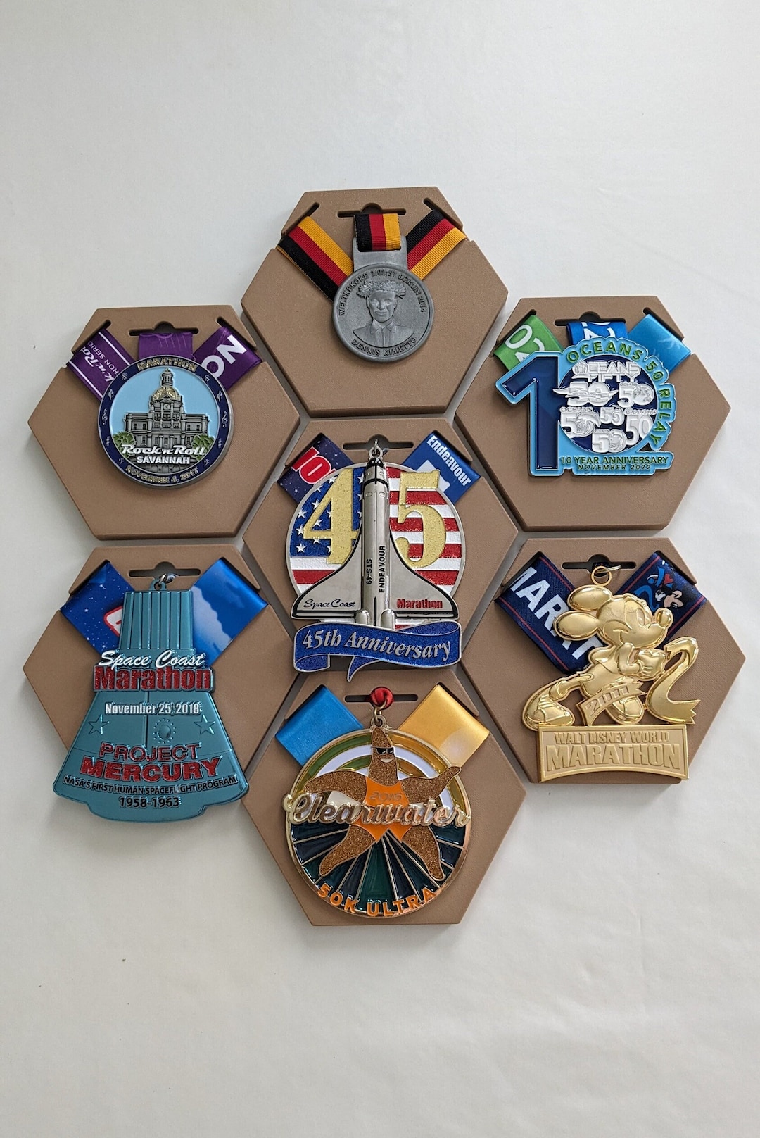3d Printed Medal Holder Display / Wood Filament / Marathon / Hexagon