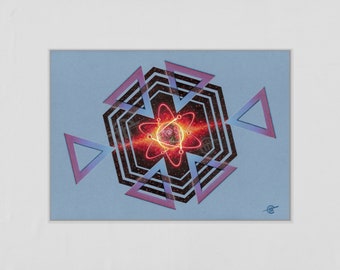 Original Kunstwerk „Equilateral“ - Buntstiftzeichnung auf Papier | Surrealismus, SciFi, Weltraumkunst, Planeten, Universum, Futuristisch