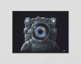 Originales Kunstwerk „The Eye Of The Beholder“ - Buntstiftzeichnung auf Papier | Surrealismus, Weltall, Astronaut, SciFi, Weltraumkunst