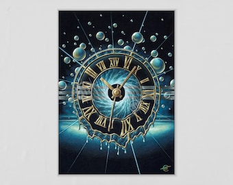 Originales Kunstwerk „Time Is Running Out“ - Buntstiftzeichnung auf Papier | Surrealismus, Weltall, SciFi, Weltraumkunst