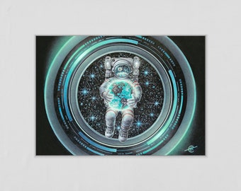 Original Kunstwerk „Life“ - Buntstiftzeichnung auf Papier | Astronaut, Surrealismus, SciFi, Weltraumkunst, Planeten, Universum, Futuristisch