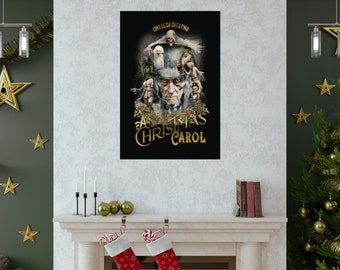 Plakat „Opowieść wigilijna” | Mroczny Sknerus, świąteczna sztuka ścienna Dickensa