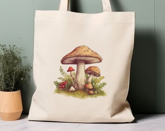100% Cotton Tote Bag, Cottage core mushroom. Eco-friendly aesthetic shopping bag, bag for life