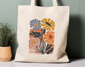 Tote Bag 100% Algodón, flores inspiradas en Matisse. Bolsa de compras estética ecológica, bolsa para toda la vida.