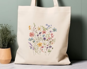 Bolso Tote 100% Algodón, Flores Silvestres. Bolsa de compras ecológica, bolsa para toda la vida