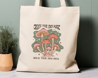100% Cotton Tote Bag, Hippy magic mushrooms. Eco-friendly aesthetic shopping bag, bag for life