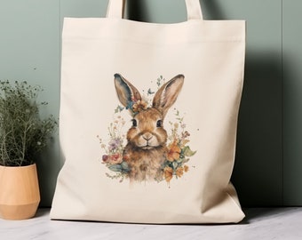 100% Cotton Tote Bag, Cute rabbit with flowers. Eco-friendly aesthetic shopping bag, bag for life