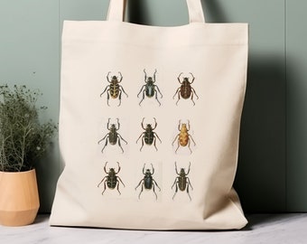 100% Cotton Tote Bag, 9 beetles, insects. Eco-friendly aesthetic shopping bag, bag for life