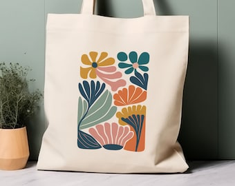 Tote Bag 100% Algodón, flores inspiradas en Matisse. Bolsa de compras estética ecológica, bolsa para toda la vida.