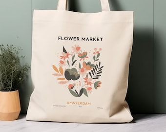 100% Cotton Tote Bag, Flower Market, Amsterdam. Eco-friendly shopping bag, bag for life