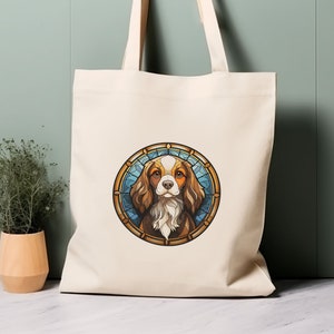 Cavalier King Charles Spaniel Dog Tote Bag, stained glass design, 100% cotton eco-friendly shopping bag, bag for life