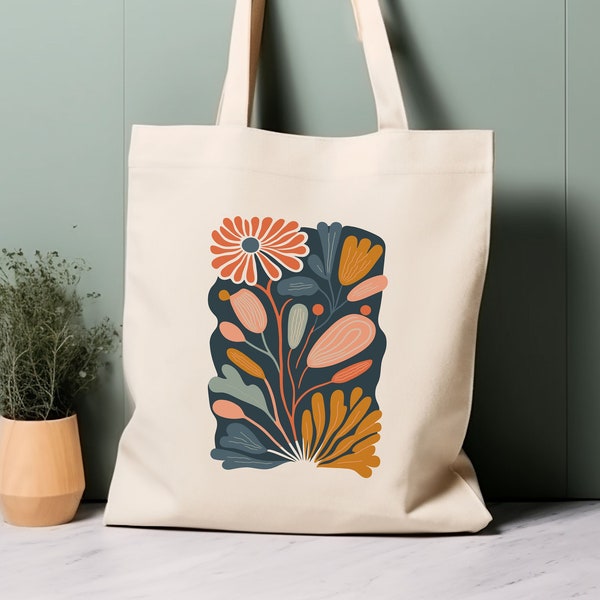 Tote Bag 100% Algodón, flores inspiradas en Matisse. Bolsa de compras estética ecológica, bolsa para toda la vida.