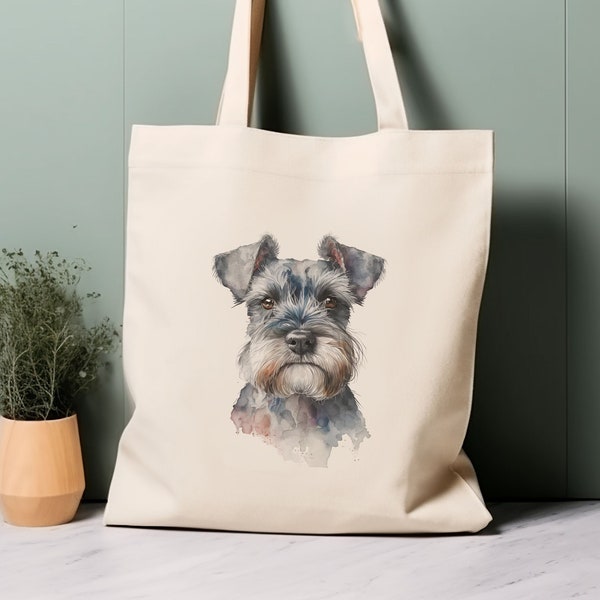 Sac fourre-tout pour chien schnauzer nain, chien aquarelle, sac shopping écologique 100 % coton, sac pour la vie