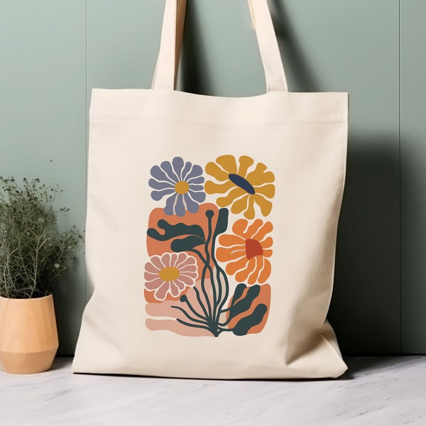 Sac fourre-tout 100 % coton, fleurs inspirées de Matisse. Sac shopping esthétique et respectueux de l'environnement, sac pour la vie