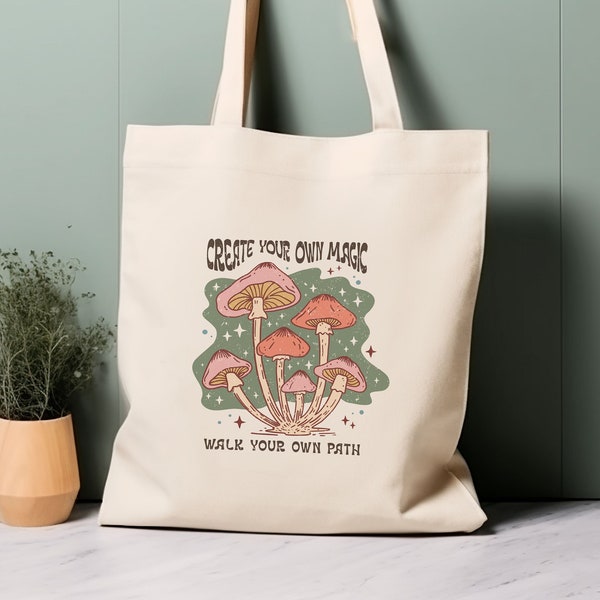 Sac fourre-tout 100 % coton, champignons magiques hippies. Sac shopping esthétique et respectueux de l'environnement, sac pour la vie