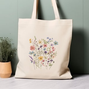 Sac fourre-tout 100 % coton, fleurs sauvages. Sac shopping écologique, un sac pour la vie