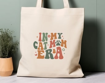 Katzen-Zitat-Einkaufstasche, In meiner Katzenmama-Ära, umweltfreundliche Einkaufstasche aus 100% Baumwolle, Tasche fürs Leben