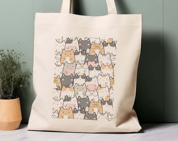 Niedliche Katzen Illustration Einkaufstasche, Einkaufstasche aus 100% Baumwolle, Tasche fürs Leben