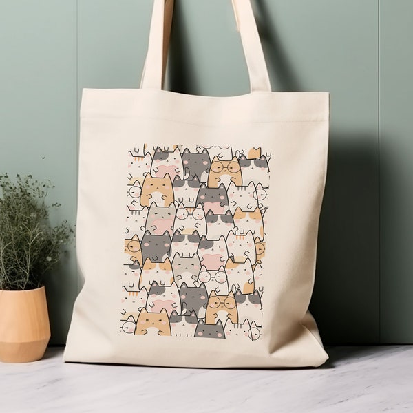 Cute Kawaii Cat Illustration Tote Bag, 100% cotton eco-friendly shopping bag, bag for life