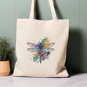 100% Cotton Tote Bag, Watercolour dragonfly. Eco-friendly aesthetic shopping bag, bag for life
