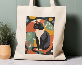 Cat Illustration Tote Bag, Matisse geïnspireerd, 100% katoenen milieuvriendelijke boodschappentas, tas voor het leven